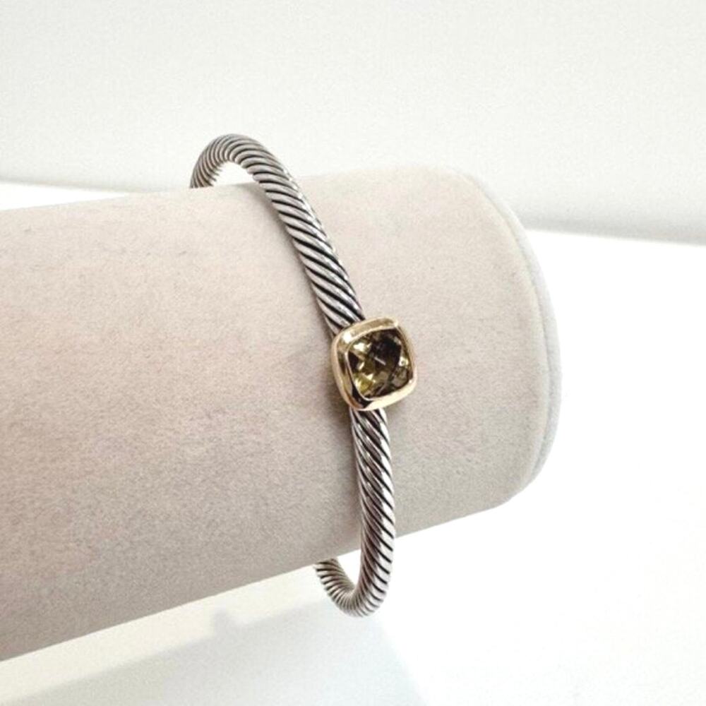 David Yurman Sterling Silver Cable Bangle w/ Center Stone Gold Setting Bracelet